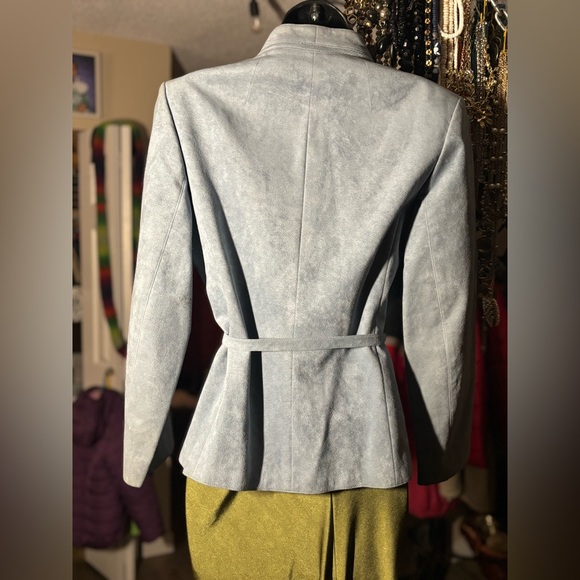 Vintage Made in Canada Faux Suede Belted Jacket • Mandarin Collar • Blue Blazer - Picture 3 of 16